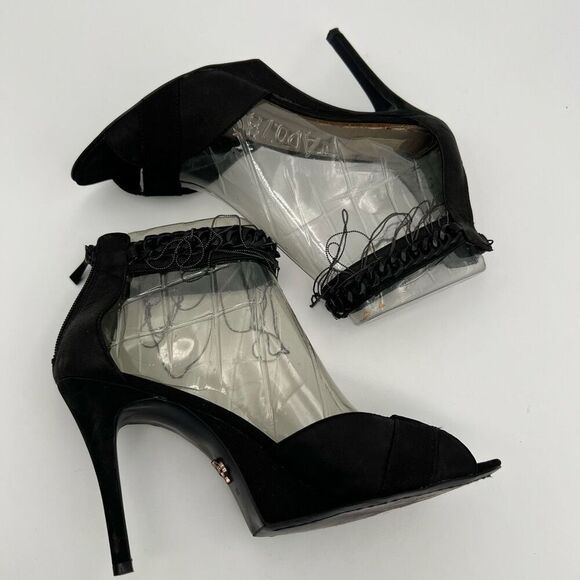 Rachael Rachael Roy Black Suede 4” Heels Open Toe | Chain Details size 10 Sexy - Picture 9 of 11